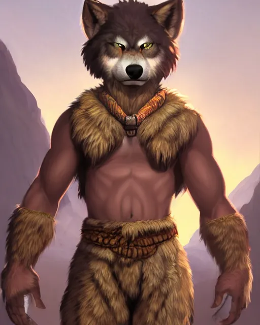 Image similar to burly tough character feature portrait of the anthro male anthropomorphic wolf fursona animal person wearing tribal primitive caveman loincloth outfit belt standing in the entrance to the cave, center framed character design stylized by charlie bowater, ross tran, artgerm, makoto shinkai, detailed, soft lighting, rendered in octane