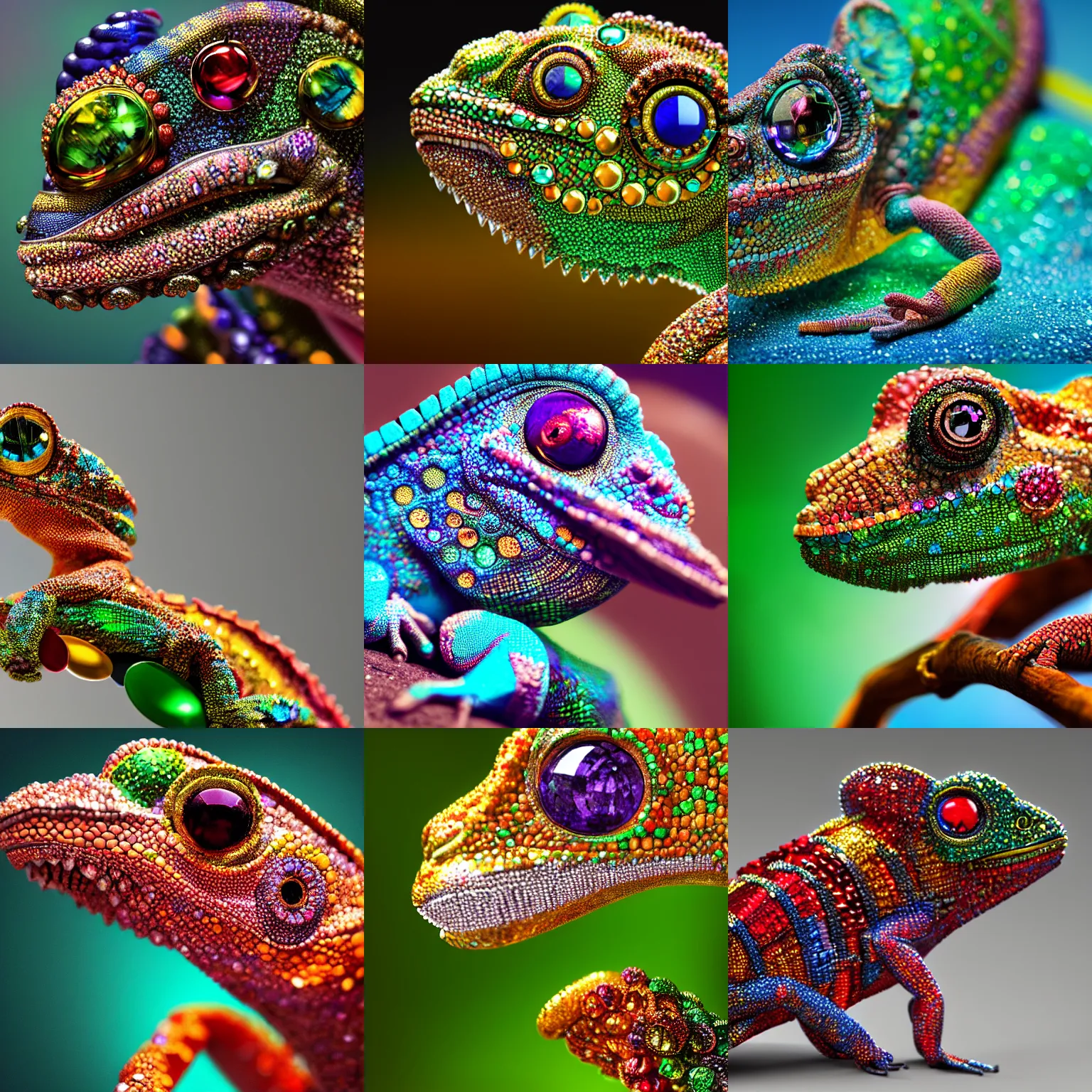 Prompt: chameleon made of jewels and gemstones, trending on artstation, colorful, intricate, close - up, photorealistic, unreal 5 engine, macro lens, dlsr, bokeh