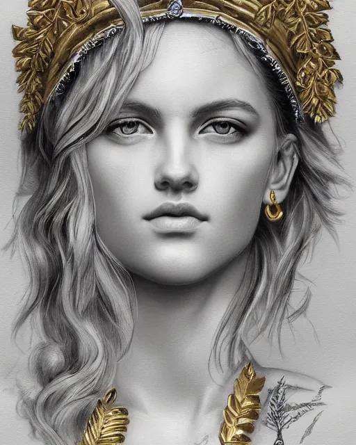 Image similar to front view of beautiful aphrodite greek goddess wearing a gold laurel wreath and triangle earrings, realism tattoo sketch, beautiful piercing eyes with sharp pupils, beautiful blonde hair, in the style of greg rutkowski, fantasy, amazing detail, epic, elegant, smooth, sharp focus