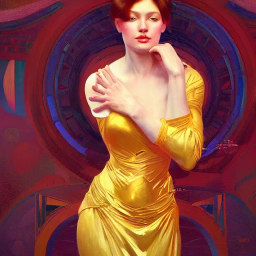 Image similar to modern woman | hyperrealistic | action pose | digital painting | trending on artstation | pinup portrait | clean | illustration | dressed | Unreal Engine 5 | 8k resolution | by Greg Rutkowski Alphonse Mucha Gustav Klimt and Mel Ramos