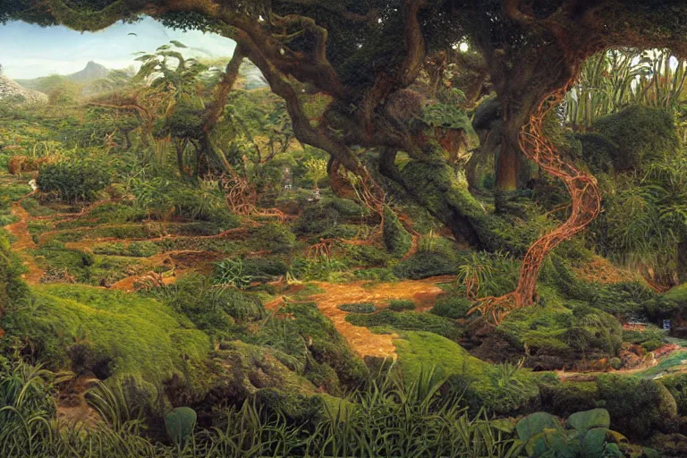 Image similar to hyperdetailed painting of the garden of eden, epic, rendered in octane, painted by alan lee, moebius, giovanni ghisolfi and jan baptist