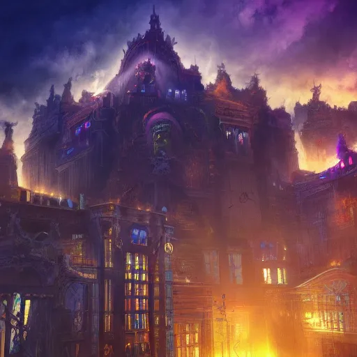 Image similar to schizophrenia hell city world has a detailed heavenly lit exterior with iridescent light, matte painting, concept art, dramatic lighting, golden hour, 4k, 8k, trending on Artstation, realistic