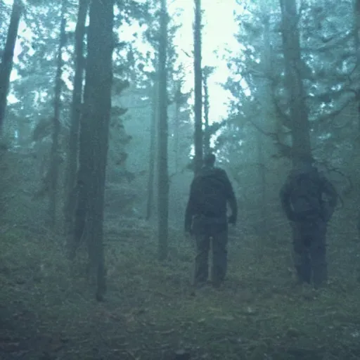 Prompt: low quality iphone photo of the payday 2 videogame crew standing ominously deep in the foggy woods low visibility creepy, grainy, trail cam footage