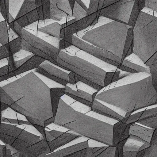 Prompt: masterpiece abstract intricate painting of detailed highly layered angled rocky field along a landscape surface of rectangular shapes. thin pencil rough sketch lines slanting down provide a sense of movement. drone view. beautiful use of light to create a sense of a stony surface. using architectural techniques with an engineering quality and a rich dark earthy color palette, providing a mathematical feel.