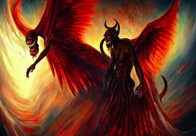 Image similar to demon afraid of an angel painting, good vs evil, highly detailed, digital painting, smooth, sharp focus, illstration, ultra realistic, dmon vs angle, heaven vs hell, 8 k, screaming demon, confident angle