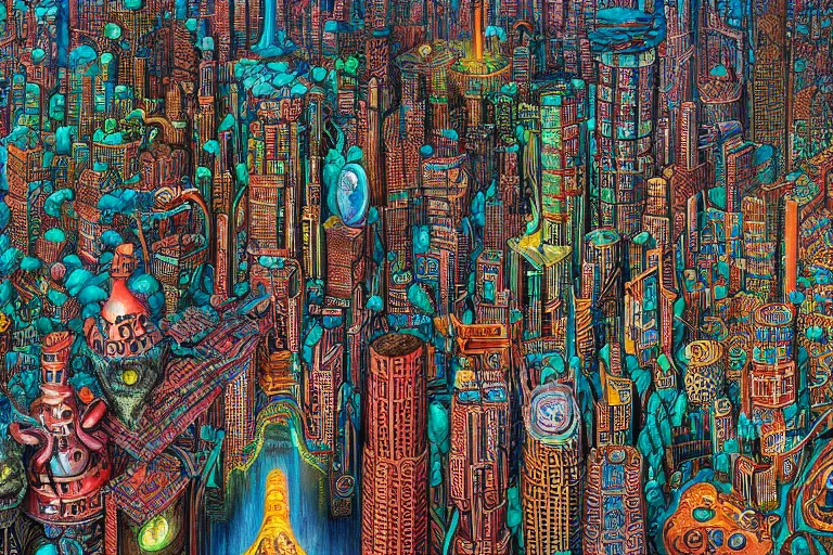 Prompt: hyper detailed nightmare cityscape in 3d collaboration with dan mumford and Louis Wain (1920)