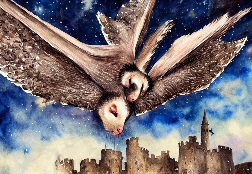 Image similar to gorgeous winged possum flying over a medieval castle under a dark starred sky, dark fantasy, watercolor, dreaming illusion, highly detailed, 4k, trending on Artstation, award-winning