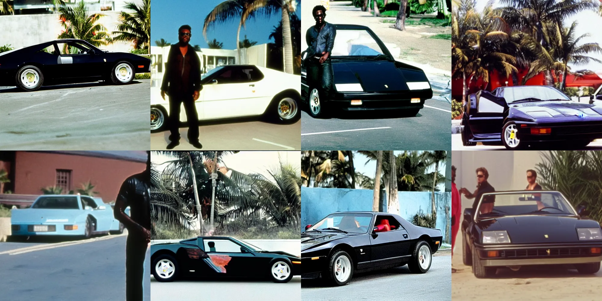 Prompt: a still of the black ferrari from the tv show miami vice