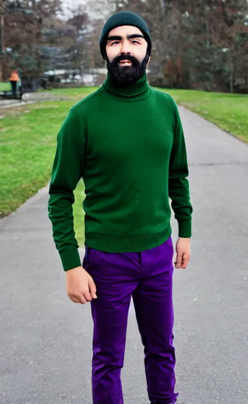 Prompt: a young man with a chin - style dark brown beard without mustache in a dark black cap, green turtleneck, purple pants and super white sneakers in full height