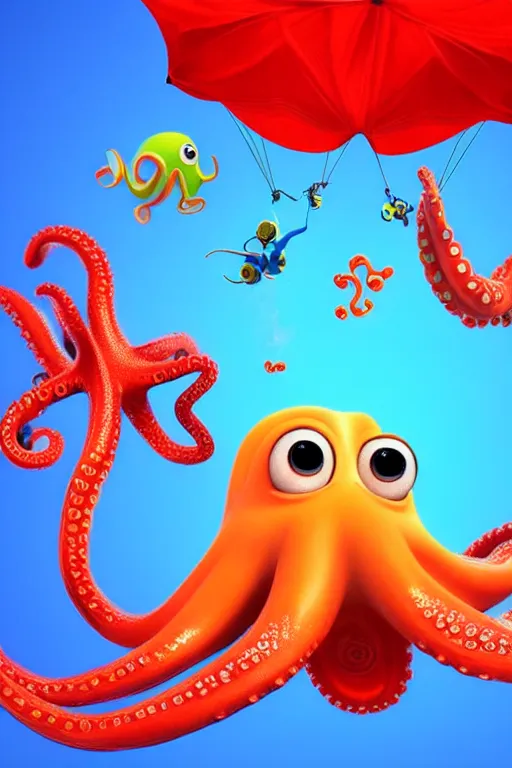 Image similar to Excited octopus in a shape of parachute holding aquarium in tentacles flying in a blue sky with white clouds . Pixar Disney render 3d animation movie Oscar winning