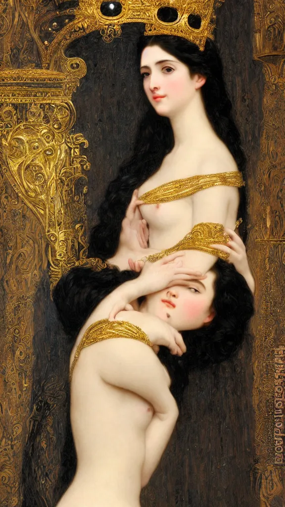 Image similar to painting portrait of a beautiful black haired woman with pale skin and a crown on her head sitted on an intricate metal throne, intricate, elegant, digital painting, smooth, sharp focus, shiny gold, realistic gold, realistic metal, by william - adolphe bouguereau and gustav klimt,