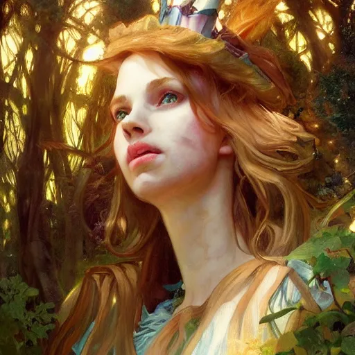 Image similar to close up portrait of alice in wonderland, magical forest, dramatic lighting, high detail, painted, by greg rutkowski, painted by stanley artgerm, painted by alphonse mucha, trending on artstation