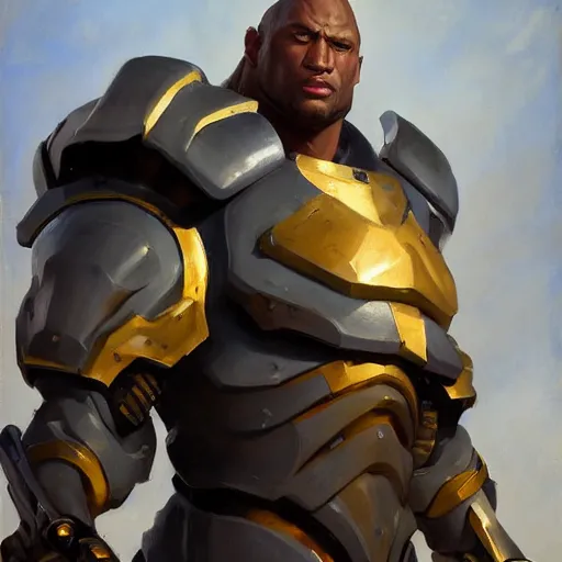 Image similar to greg manchess portrait painting of fully armored and armed the foundation aka dwayne the rock as overwatch character, medium shot, asymmetrical, profile picture, organic painting, sunny day, matte painting, bold shapes, hard edges, street art, trending on artstation, by huang guangjian, gil elvgren, ruan jia, greg rutkowski, gaston bussiere