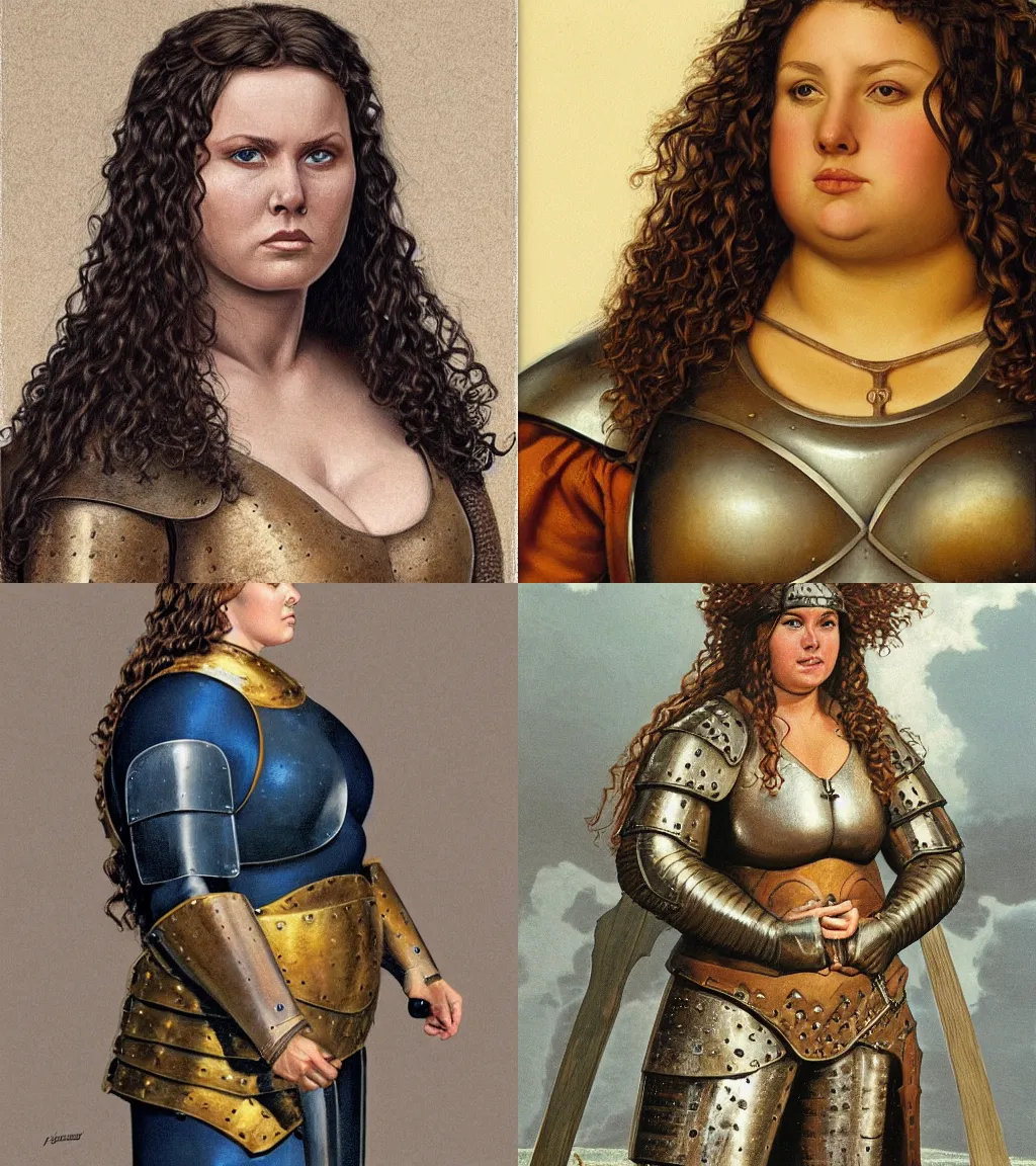 Prompt: portrait of a strong and chubby medieval woman wearing breastplate armor, round and robust body woman | intricated | long wavy soft curly hair | hyper realistic | artstation | portrait by johfra bosschart and larry elmore