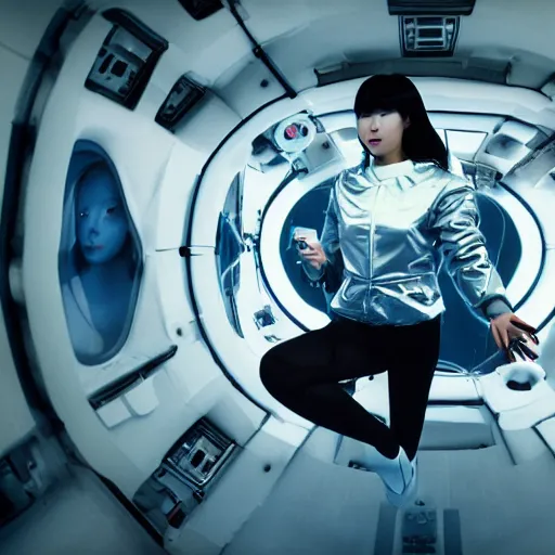 Image similar to a korean woman with long black hair and grey / black futuristic metallic clothing floating in zero - gravity in a spaceship with a white and blue futuristic interior. orange lighting, kodak film grain, expired film