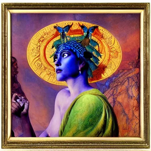 Prompt: goddess of the lost city, by Annie Swynnerton and Diego Rivera and Tino Rodriguez and Maxfield Parrish, elaborate headdress and embroidered velvet, iridescent beetles, rich color, dramatic cinematic lighting, extremely detailed