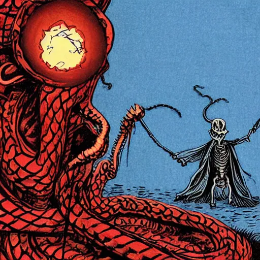 Image similar to A beautiful computer art of a horned, red-eyed, skeleton-like creature, with a long black cape, and a staff with a snake wrapped around it, standing in front of a castle atop a cliff. deep indigo, burnt sienna by Todd McFarlane ordered