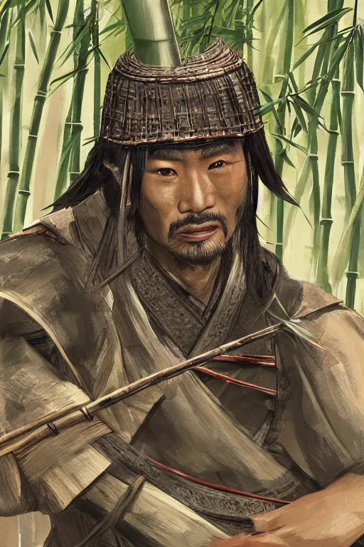 Prompt: close up of samurai warrior in a bamboo forest, a realistic illustration by david benzal, eddie mendoza