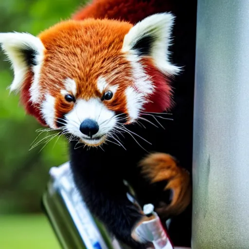 Image similar to a red panda doing a keg stand