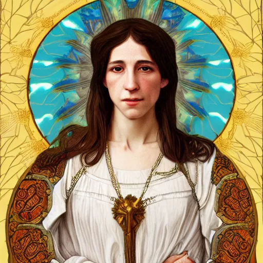 Image similar to portrait of charlotte gainsbourg as joan of arc, hyperreal digital painting, iconography influenced by alphonse mucha and eugene delacroix, arstation and deviantart trends, high resolution 8 k