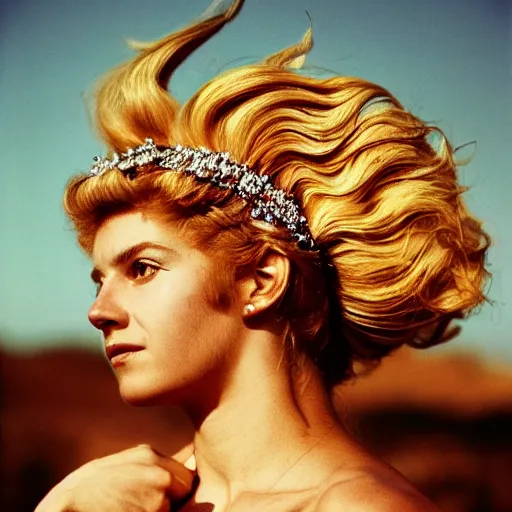 Image similar to full body color photograph of Helen of Troy, wearing a diadem, her hair blowing in the wind, dramatic lighting, by Annie Leibovitz Carl Zeiss 135mm nikon