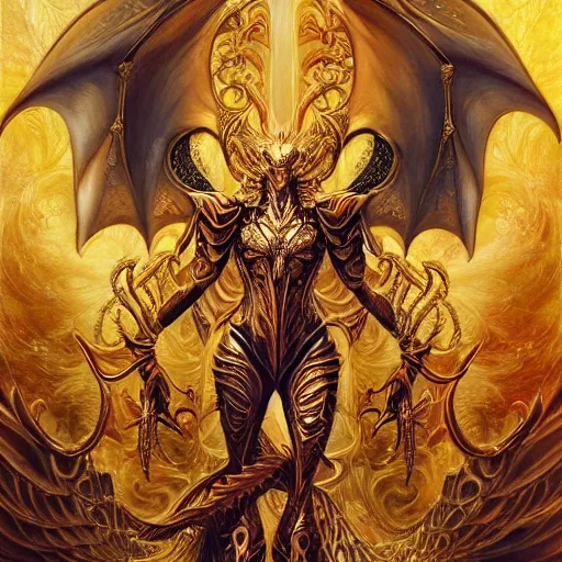 Image similar to a beautiful symmetrical muscular full body wearing a dragon armor with wings made of golden ornaments and gems, by alex gray and android jones , Karol Bak, Ayami Kojima, Amano , concept art, character design, fantasy,3D, 8k resolution