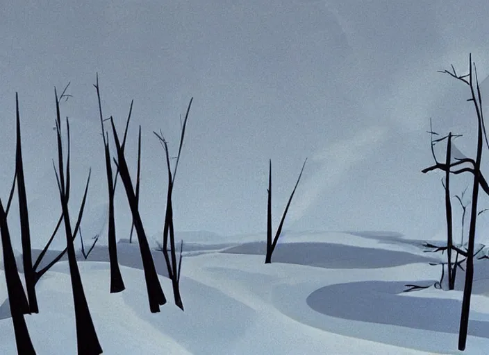 Prompt: minimalist charred wooded snowdrift landscape from mulan ( 1 9 9 8 )