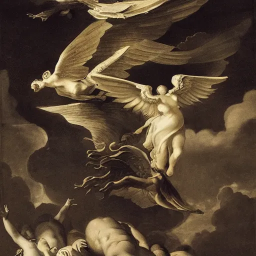 Prompt: melancholic, placid low - key lighting by giovanni battista gaulli. a photograph of a winged creature, flying high above a group of people in a dark, wooded area. the creature's wings are spread wide & its head is turned upwards, looking towards the sky. people below looking up at creature awe & fear.