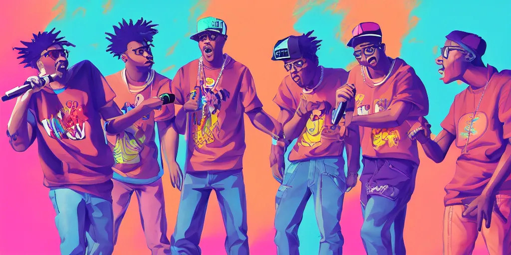 Prompt: four friends rapping into microphone in small living room, epic pose, distinct figures, digital art, vaporwave, psychedelic, surreal, hip hop, trending on Artstation, professional artist, detailed, 4k