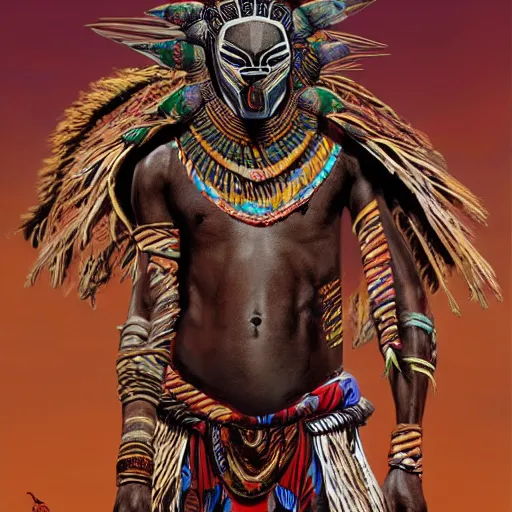 Prompt: a full body muscular male with an african mask, wearing an african armor, shaman, zulu, hamar, himba, karo, masai, samburu, by alex gray and android jones, karol bak, ilya golitsyn, ayami kojima, amano, black panther, moebius, concept art, character design, fantasy, 3 d, 8 k resolution