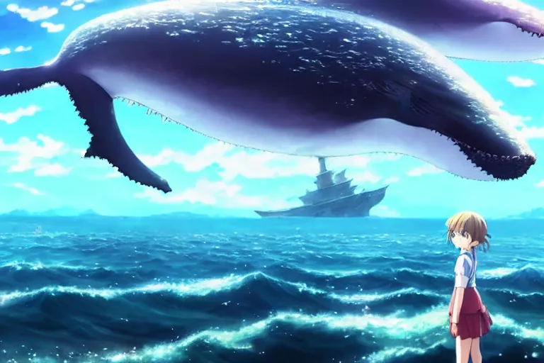 Image similar to a panorama distant view under the water, hyper detailed cg rendering of a cute girl and whale, anime key visual of children of the sea, finely detailed perfect face, style of raphael lacoste, makoto shinkai, violet evergarden, studio ghibli, james jean, hayao miyazaki, extremely high quality artwork
