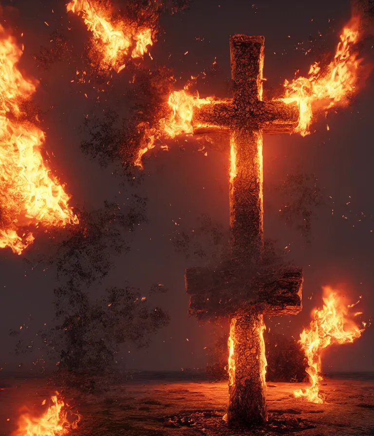 Image similar to a beautiful hyperrealistic detailed 3D render of a burning cross, by Anton Otto Fischer, Atey Ghailan, genzoman, unreal engine, octane render, gigantic, 3D, brilliantly coloured, intricate, ultra wide angle, trending on artstation, embers, smoke, dust, dusk, volumetric lighting, HDR, polished, micro details, ray tracing, 8k