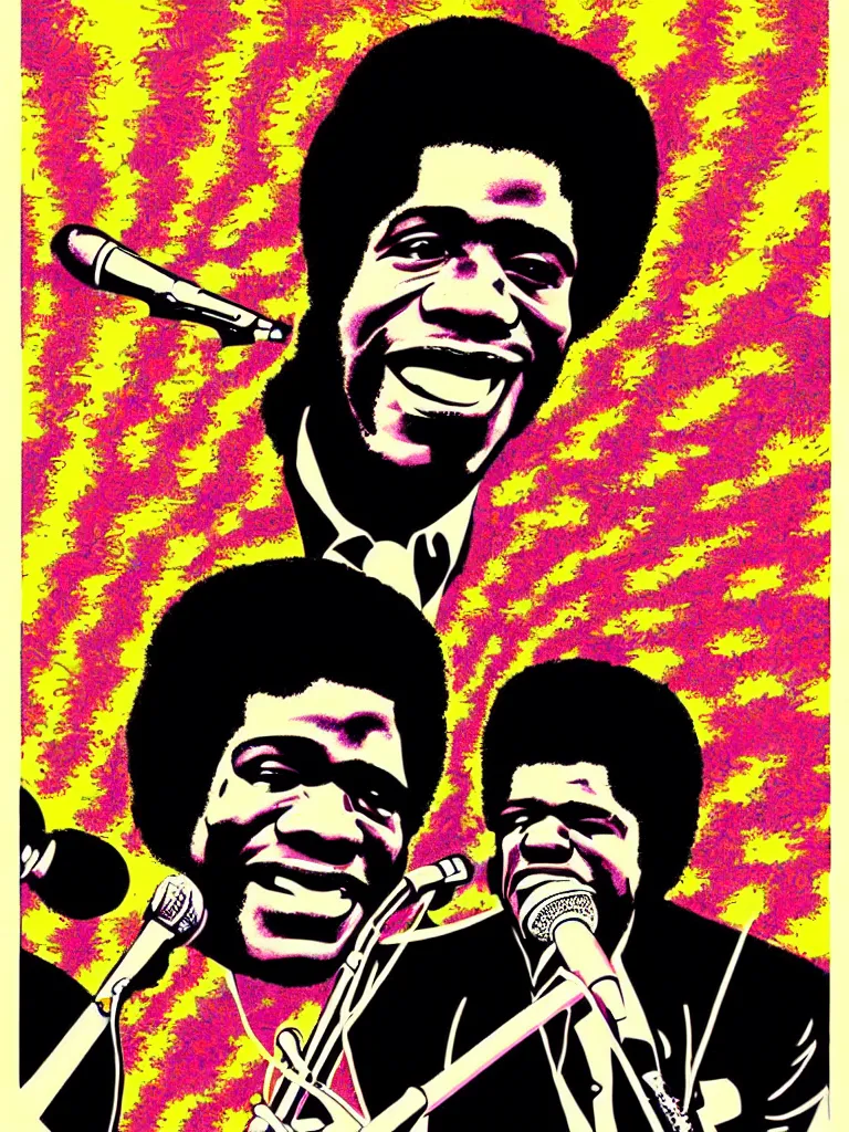 Prompt: psychedelic illustration, portrait of james brown holding a microphone, james brown 7 0 ’ s concert poster, highly detailed, colored illustration, “ superbad concert tour, 1 9 6 9 ”,