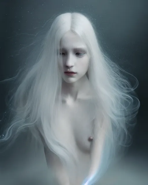 Image similar to delicate, dreamy, feminine, subsurface scattering, white, young beautiful robot - cyborg in cosmos long white hair floating in air, fluid smoke art, black and white, octane render, dino valls, mark ryden, joe fenton, michal karcz, highly detailed, rim light, art, cinematic lighting, very coherent, hyper realism, 8 k