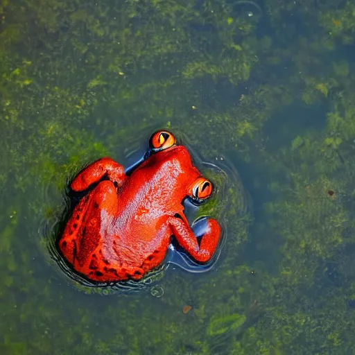 Image similar to photograph of a red frog on a lily pad in a swamp