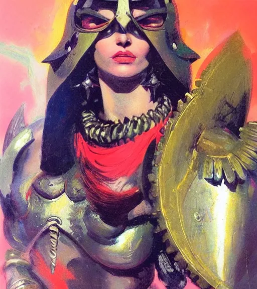 Image similar to portrait of strong iranian female chaos angel, beautiful! coherent! by frank frazetta, by brom, strong line, vivid neon color, spiked scrap metal armor, iron helm maximalist