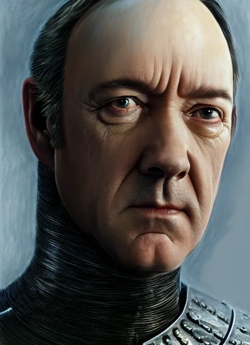 Prompt: armoured kevin spacey as sauron, by alan lee, lord of the rings, smooth, detailed terrain, oil painting, matte painting, concept art, trending on artstation, promotional artwork, film still, elegant, photorealistic facial features, intricate, detailed face, cinematic lighting