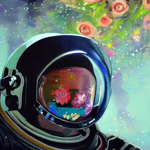 Image similar to a close up painting of an astronaut floating in space. his helmet visor is dark and reflective. you can see the reflection of flowers in his helmet visor.