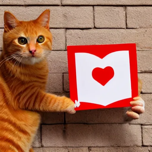 Image similar to cute orange tabby cat holding a sign with a red heart symbol