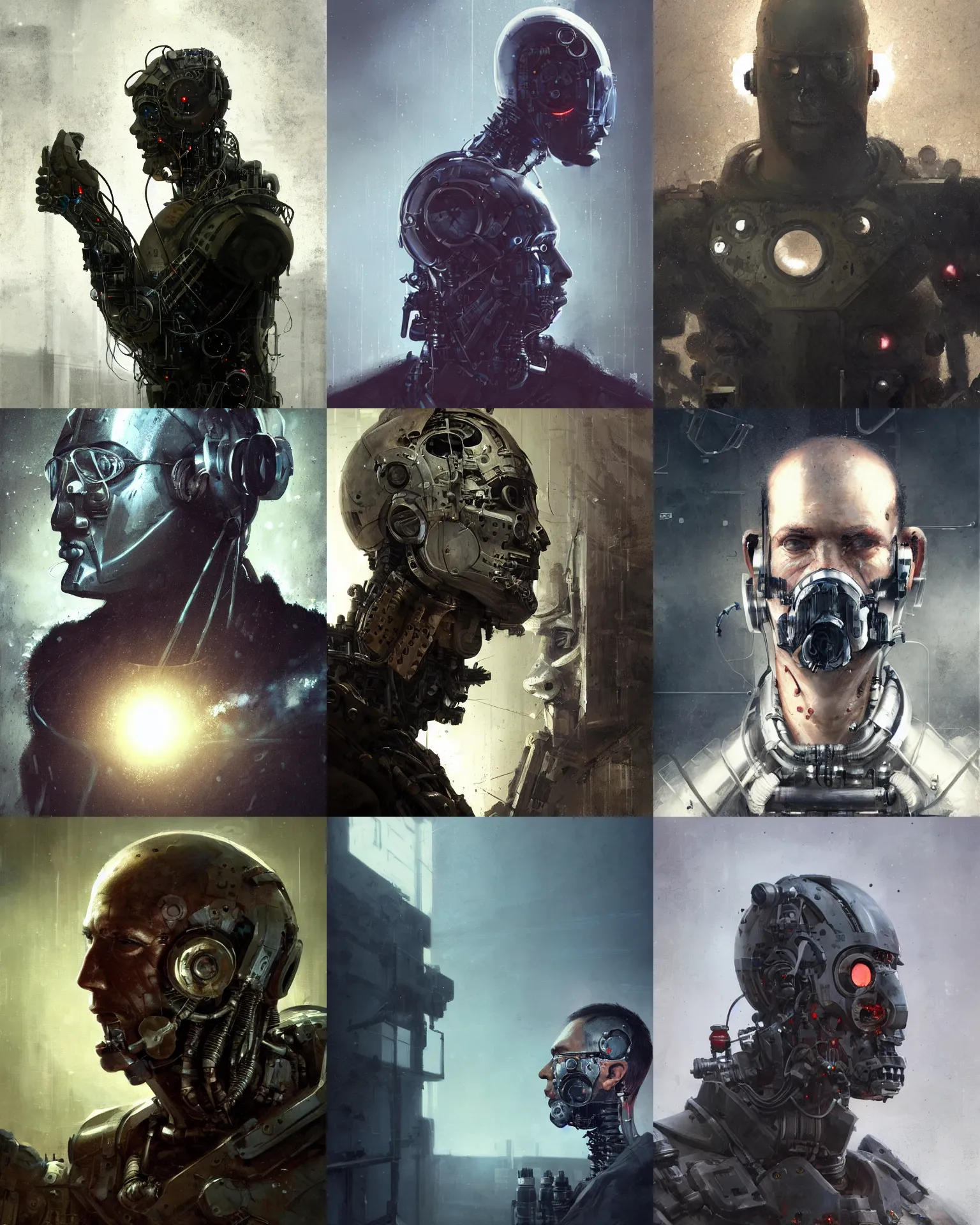 Image similar to a half - masked rugged laboratory engineer man with cybernetic enhancements as seen from a distance, scifi character portrait by greg rutkowski, esuthio, craig mullins, 1 / 4 headshot, cinematic lighting, dystopian scifi gear, gloomy, profile picture, mechanical, half robot, implants, steampunk