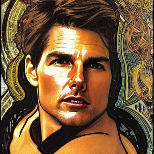 Prompt: detailed art of Tom Cruise, by Alphonse Mucha and Gustav Klimt