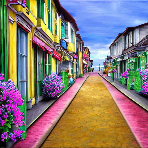 Image similar to by the seaside town street, digital painting, bloom, hyperrealistic, photo