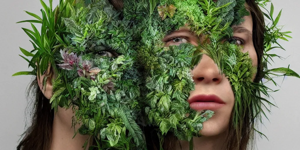 Prompt: a realistic face made of plants