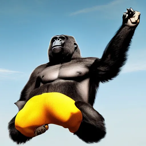 Image similar to high quality photo of a gorilla parachuting, realism, 8k, award winning photo