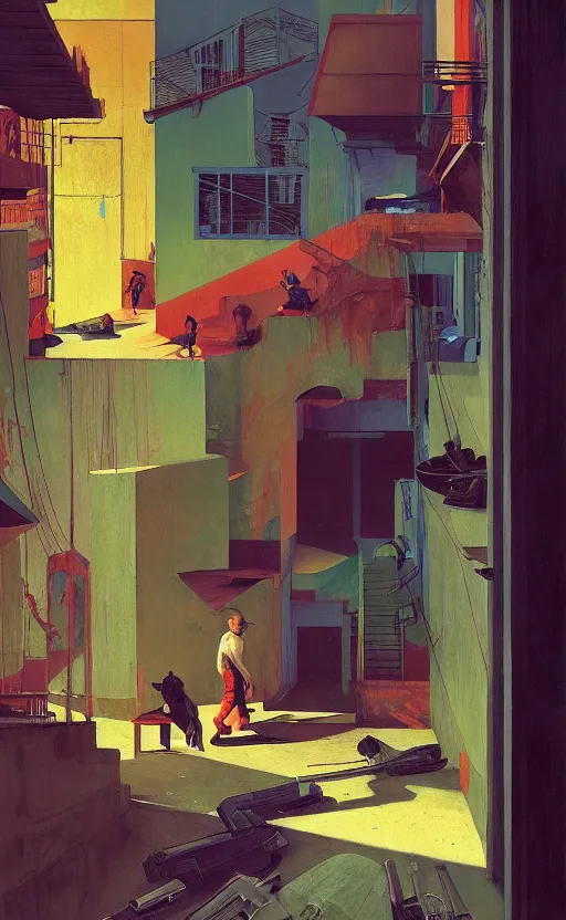 Image similar to Inside a Favela, very coherent, painted by Edward Hopper, Wayne Barlowe, painted by James Gilleard, airbrush, art by JamesJean