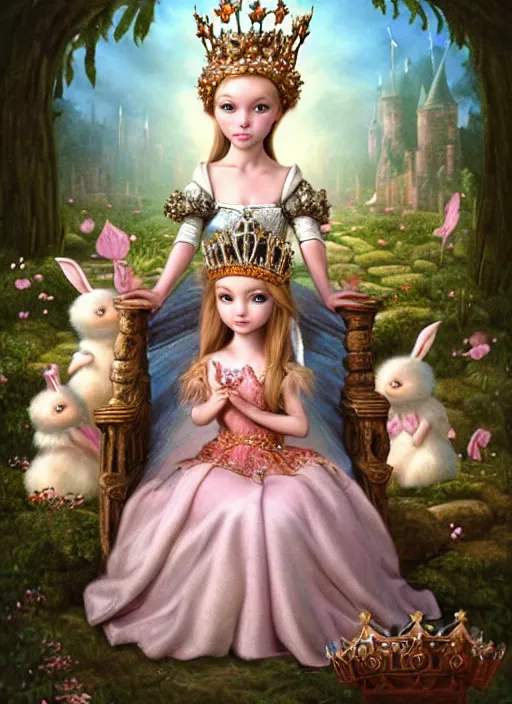 Prompt: highly detailed closeup portrait of a fairytale medieval princess wearing a crown and sitting on a throne, surrounded by cute bunnies, unreal engine, nicoletta ceccoli, mark ryden, earl norem, lostfish, global illumination, god rays, detailed and intricate environment