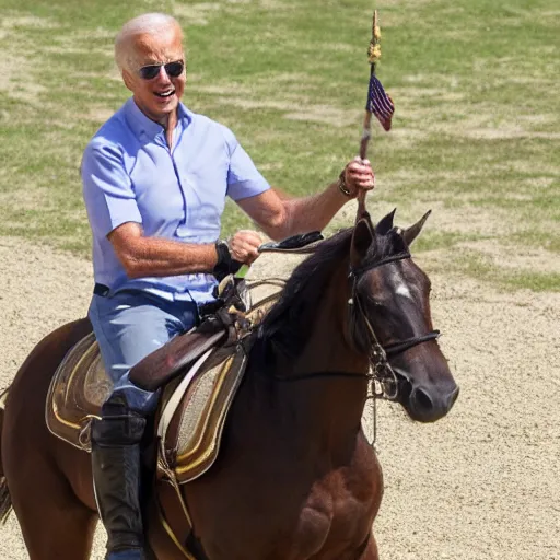 Image similar to Joe Biden riding a horse with a sword and armour, photo