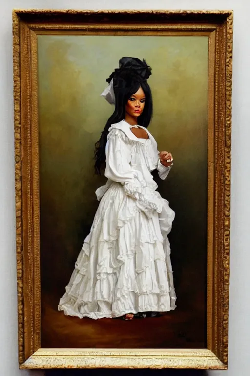 Image similar to a full body portrait of Rihanna as a Victorian-era girl, oil painting