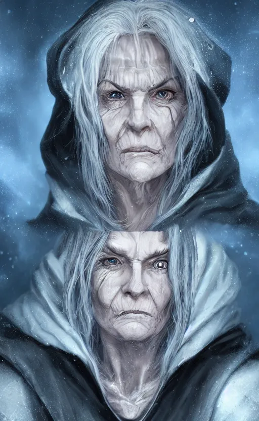 Image similar to an older woman with silver hair and piercing blue eyes. she's wearing a dark, hooded cloak and looks like she knows her way around a sword, dynamic lighting, photorealistic fantasy concept art, trending on art station, stunning visuals, creative, cinematic, ultra detailed