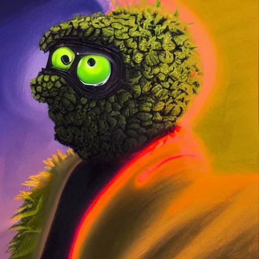 Prompt: a tennis ball monster starring into the camera, fixed eyes, flowing black coat with glowing neon orange trim, inside a museum, colorful, surreal, dramatic lighting, face, detailed, intricate, elegant, highly detailed, digital painting, artstation, chalk, concept art, smooth, sharp focus, illustration, art by basil gogos and sam pratt